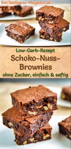 chocolate brownies stacked on top of each other with nuts in the middle and text low carb - resept schoko - nuss browns