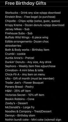 the birthday gift list is shown in black