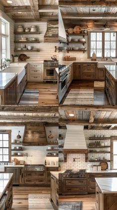 the kitchen is decorated in rustic wood and white