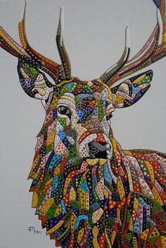 a painting of a deer with lots of colorful patterns on it's antlers