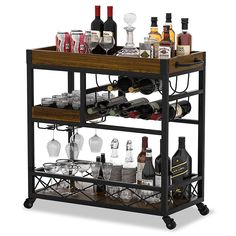 a bar cart filled with bottles and glasses