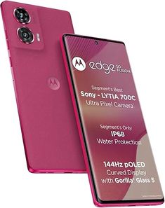 the back and side of a pink motorola phone