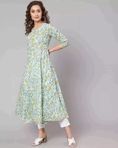 Indian Women Green Floral Printed Flared A-Line Kurta Kurti New Dress Top Tunic | eBay Kurti Dress, A Line Kurta, India And Pakistan, Cotton Kurta, Long Style, Dress Top, Outfit Goals, Top Dress, Floral Printed