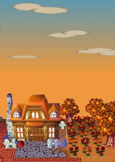 an old - school video game with a house and trees in the background, surrounded by fruit