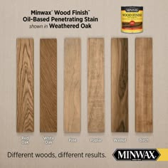 several different types of wood finish options for furniture and floor coverings, including white oak, red oak, yellow oak, black walnut, or minwax