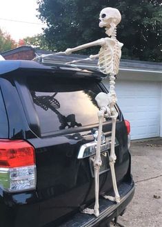 a skeleton sitting on the back of a car