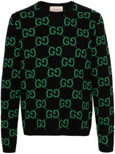 jet black/green wool fine knit signature GG Supreme print monogram jacquard ribbed trim crew neck long sleeves straight hem long sleeves Luxury Gucci Letter Print Top, Gucci Wool Crew Neck Sweater, Luxury Gucci Jacquard Knit Sweater, Classic Gucci Sweater With Ribbed Cuffs, Gucci Wool Sweater With Ribbed Cuffs, Casual Gucci Wool Sweater, Luxury Wool Jacquard Knit Sweater, Designer Wool Sweater With Jacquard Knit, Gucci Winter Sweatshirt With Ribbed Cuffs