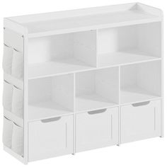 a white bookcase with four bins and three baskets on the bottom one shelf