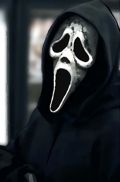 a person in a black hooded jacket with a ghost mask on and mouth wide open