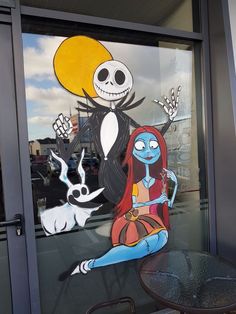 a glass window with cartoon characters on it