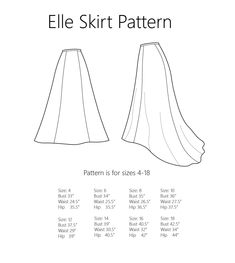 the skirt pattern is shown in three different sizes and colors, with measurements for each piece