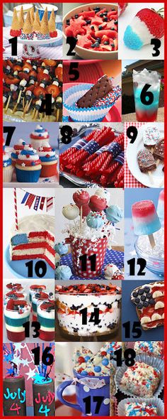 a collage of pictures with red, white and blue desserts on it's sides