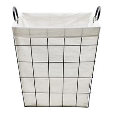 a white basket with black grids on the sides and handles is shown in front of a white background