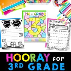 the hooray for 3rd grade activity pack is shown with pencils and markers