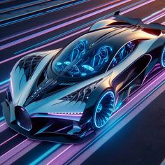 a futuristic car driving down a city street with neon lights on it's sides