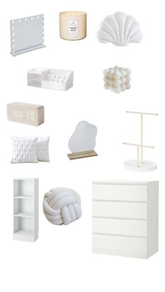 an assortment of white furniture and accessories