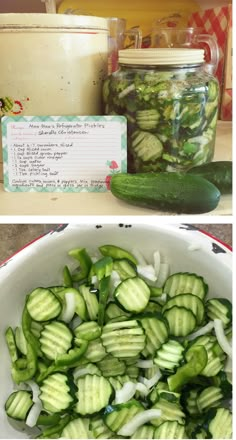 cucumbers and onions in a bowl next to a jar of pickles