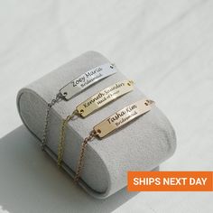 "❤ W H Y ∙ Y O U ' L L ∙ L O V E ∙ I T ☆ Over 18,000, 5-Star reviews, you can't go wrong with them. ☆ SHIPS THE NEXT DAY. ☆ Beautifully boxed for gift-giving. Bridesmaid Bracelet Gift Personalized, Wedding Gifts, Bridesmaid Jewelry, Engraved Name Bracelet, Maid of Honor Looking for a unique and thoughtful gift for your bridesmaids? Look no further than our Personalized Bridesmaid Bracelet Gift! This beautiful bracelet is made with high-quality materials and features a customizable bar that can b Personalized Minimalist Name Bracelet For Bridesmaid, Minimalist Personalized Name Bracelet For Bridesmaid, Adjustable Minimalist Name Bracelet For Bridesmaids, Minimalist Bracelets For Bridesmaid And Mother's Day Gifts, Minimalist Bracelets For Bridesmaid Gift On Mother's Day, Adjustable Name Bracelet With Engraving Option For Wedding, Adjustable Jewelry With Custom Text For Wedding, Adjustable Engraved Jewelry For Wedding Gift, Custom Text Adjustable Jewelry For Wedding