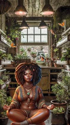 a woman sitting in the middle of a room with potted plants