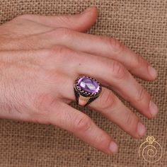 Men's AMETHYST gemstone signet ring which will give you a head turning presence. This mystic, vintage style, engraved ring has a unique design for the polished, refined, and distinguished man. Perfect for casual and formal events, it will make your friends envious as you walk into the room full of confidence and pride. Looking for a unique, one of a kind GIFT FOR HIM, groomsman gift, father's day gift, teacher day gift? Look no further. This cool blue gemstone ring is the right answer and best g Heirloom Style Amethyst Ring With Polished Finish, Adjustable Gemstone Signet Ring, Classic Amethyst Signet Ring As Gift, Classic Amethyst Signet Ring For Gift, Round Gemstone Signet Ring For Wedding, Spiritual Birthstone Ring For Formal Occasions, Silver Signet Ring With Stone Setting For Wedding, Silver Wedding Signet Ring With Stone Setting, Amethyst Signet Ring With Polished Finish As Gift