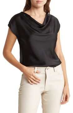 Go from desk to dinner in this lustrous satin top fashioned with a gracefully draped cowl neck and dolman cap sleeves. Cowl neck Cap sleeves 97% polyester, 3% spandex Machine wash, line dry Imported Model stats: 5'10" height, 32" bust, 25" waist, 36" hip. Model is wearing size Small. Elegant Tops For Wedding At Affordable Prices, Cheap Sleek Formal Blouse, Cheap Semi-formal Button-up Tops, Black Satin Top Outfit Classy, Blouse Necklines Designs, Satin Cowl Neck Top Outfit, Cowl Neck Top With Sleeves, Coller Neck Blouses, Spoon Outfits