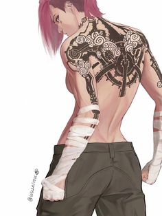 a drawing of a man with pink hair and tattoos on his back, wearing shorts