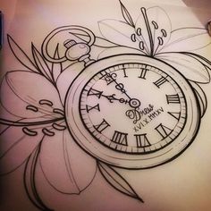 a drawing of a clock with flowers and leaves on the back of its coverup