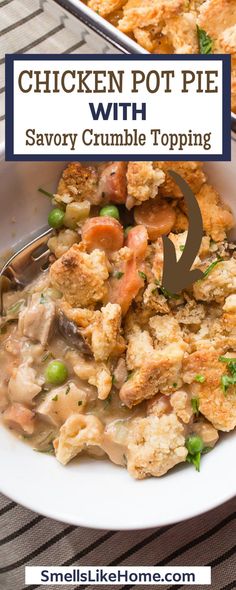 chicken pot pie with savory crumble topping in a white bowl on a table