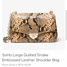 Mk Soho Large Quilted Snake Embossed Leather Shoulder Bag Sac Michael Kors, Micheal Kors Handbag, Large Snake, Authentic Bags, Michael Kors Crossbody Bag, Michael Kors Shoulder Bag, Michael Kors Crossbody, Purses Michael Kors, Handbags Michael Kors