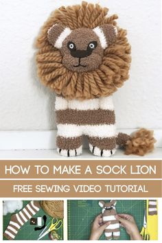 the instructions for how to make a sock lion stuffed animal with free sewing video pattern