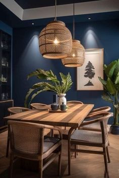 a dining room with blue walls and wooden table surrounded by wicker chairs, potted plants and hanging lights