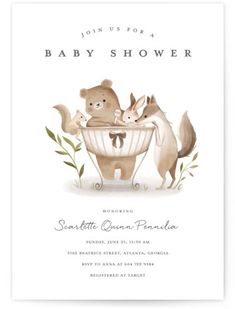 a baby shower card with two animals in a tub and leaves on the bottom,