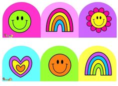 four different types of smiley faces with rainbows in the middle and hearts at the bottom