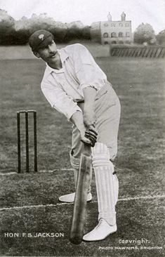 an old black and white photo of a man playing cricket