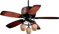 a ceiling fan with three wooden blades and four light bulbs hanging from it's center