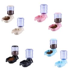 four different types of pet feeders with food inside them on a white background, including one for dogs and one for cats