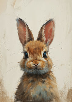 a painting of a brown bunny rabbit with blue eyes and ears, sitting in front of a white background