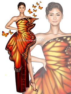 a drawing of a woman in a butterfly dress