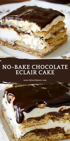 no - bake chocolate eclair cake on a plate with text overlay