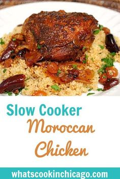 slow cooker moroccan chicken on a plate with rice