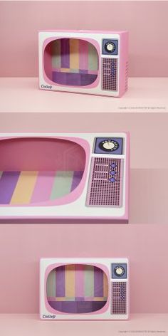 three photos of an old fashioned tv in different stages of being painted pink and purple