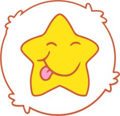 a yellow star with its tongue hanging out in front of a white circle that has an orange outline on it