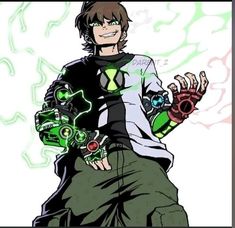 a drawing of a person with green and black hair, holding two hands in his right hand