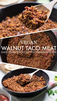 vegan walnut taco meat in a cast iron skillet