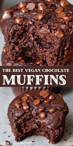 chocolate cupcakes are stacked on top of each other with the words vegan schokonuffins above them