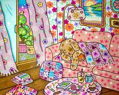 a painting of a living room filled with furniture and flowers on the wall next to a window