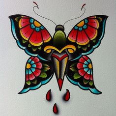 a colorful butterfly tattoo design on a white paper with red tears and blue wings