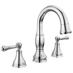 a chrome faucet with two handles