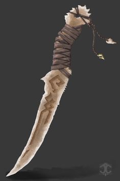 an artistic drawing of a long knife that has been wrapped in brown and white paper