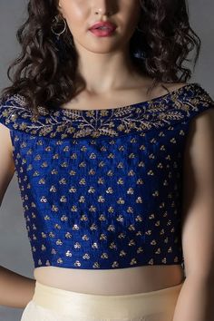 Buy Blue Matka Silk Embroidered Zardozi Work Boat Floral Crop Top And Palazzo Set For Women by Anu Pellakuru Online at Aza Fashions. Boat Neck Crop Top Designs, Indian Crop Top Designs, Crop Top Blouse Designs, Indian Crop Tops, Royal Blue Crop Top, Cutdana Work, Blue Blouse Designs, Netted Blouse Designs, Blouse Tops Designs